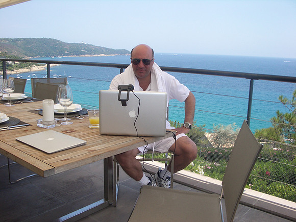 Advances in mobile technology allow me to broadcast tv from anywhere. Here I'm working with CBC's Heather Hiscox from my balcony in St. Tropez